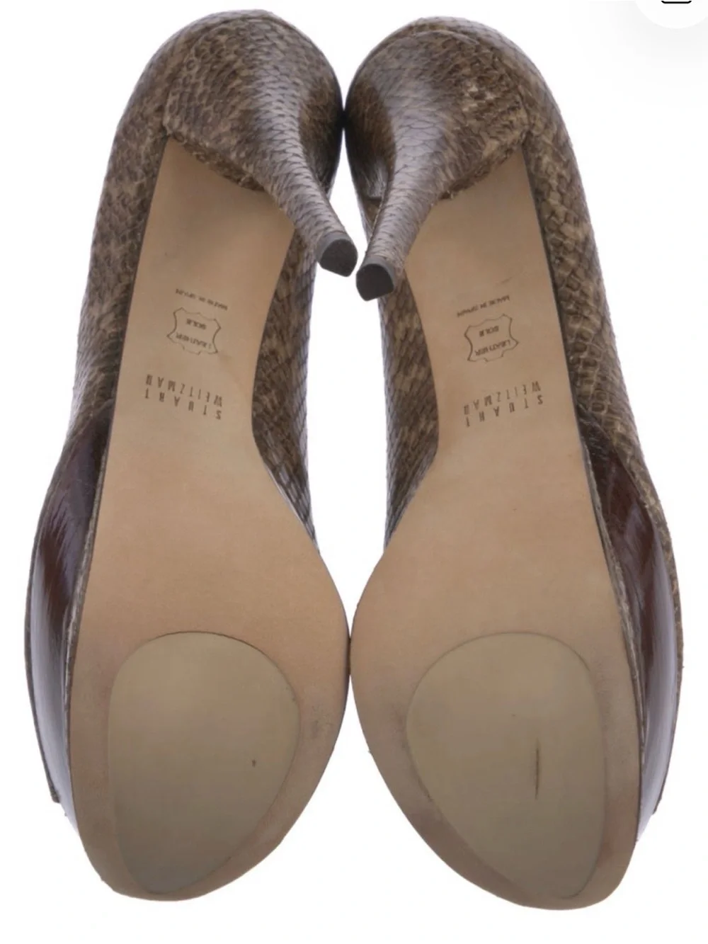 Stuart Weitzman Brown Snakeskin Peep-Toe Platform Pump with Wood Platform